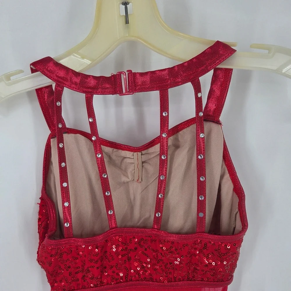 Balera Red Sequin Dance Leotard Mesh Rhinestone Cage Back Girls Large LC